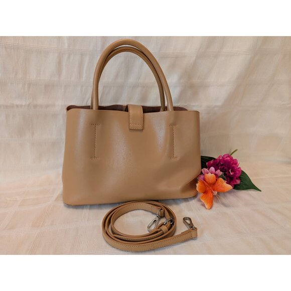 Colab Tan Leather Crossbody Tote Bag With Detachable Strap & Zipper Closure - Picture 15 of 15